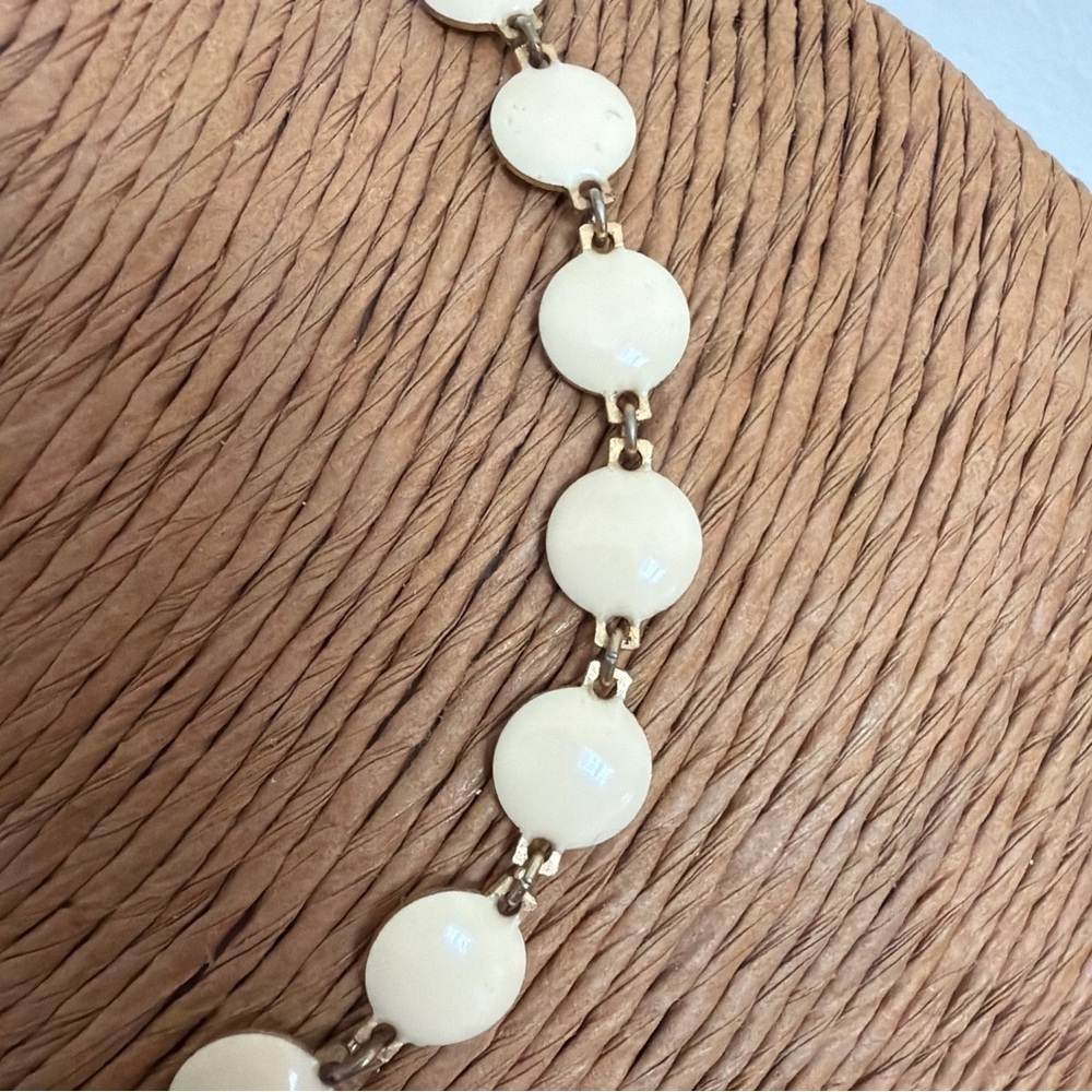 Vintage Enamel Link Necklace Goldtone Cream Ivory Colored Discs 15 Inches - Picture 3 of 5